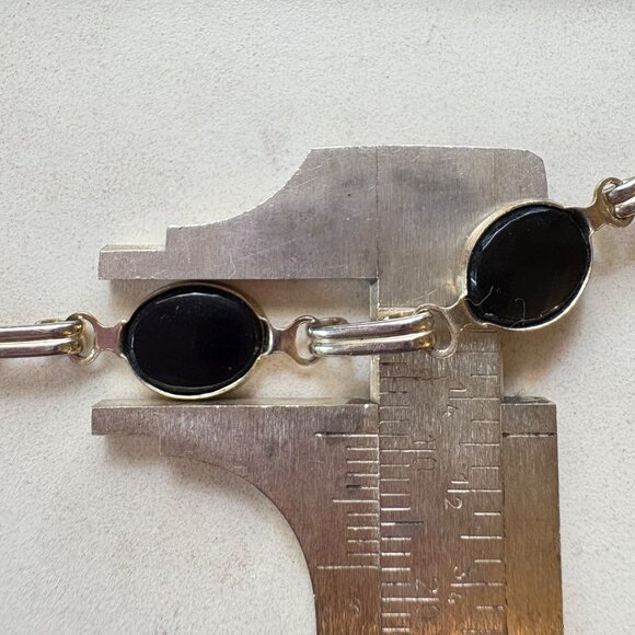 Silver Tone Black Onyx Bezel Set Station Bracelet Size 7.5" Length - Picture 9 of 10